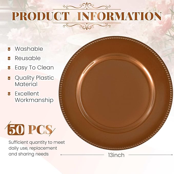 50 Pcs Brown Charger Plates Bulk, 13" Round Beaded Plate Chargers for Dinner Plates, Decorative Dinner Chargers Plastic Table Chargers for Wedding Holiday Party Baby Shower Event Decoration (Brown)