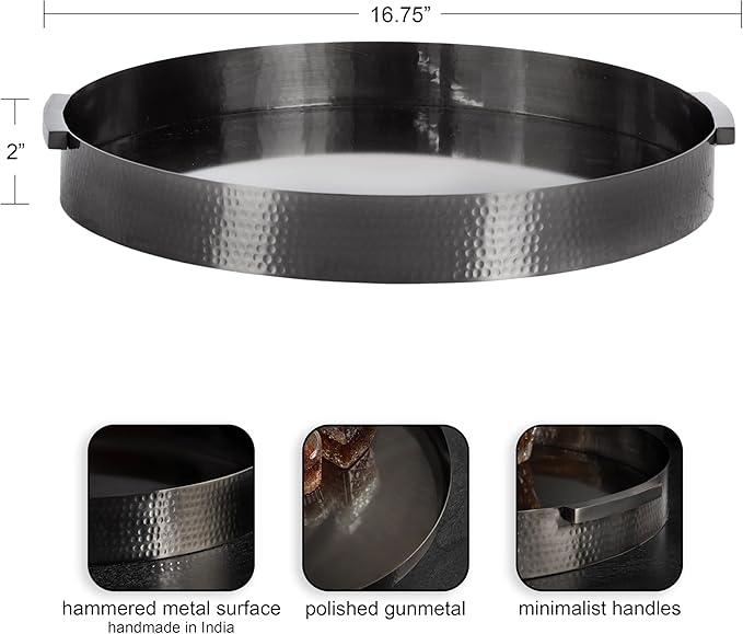Kate and Laurel Samana Modern Glam Round Metal Tray, 17 Inch Diameter, Gray Gunmetal, Polished Decorative Circle with Hammered Surface for Use as Ottoman or Serving