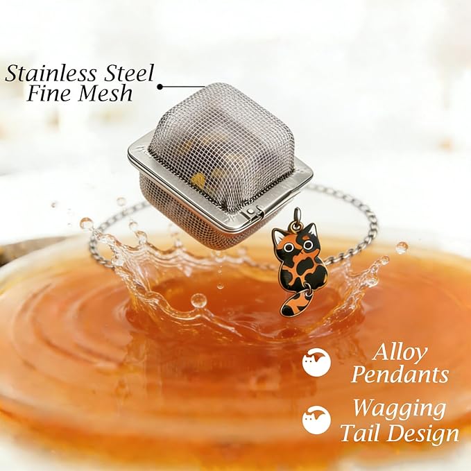 Cat Tea Infuser Set, 2PCS Cubic Loose Leaf Tea Steeper Reusable Stainless Steel Mesh Bags, Cute Tea Strainer with Moving-Tail Cat Charms (Ragdoll & Tortoiseshell)