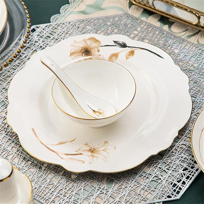 Household Ceramic Bowl and Plate Set, Bone Ceramic Bowl and Plate, 60 Pieces of Tableware