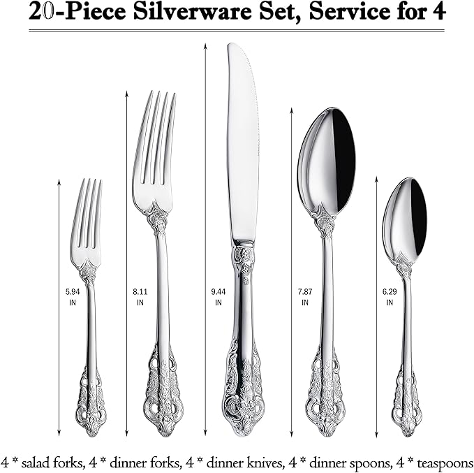 Luxurious 20 Piece Silverware Set for 4 - Cutlery Set, Flatware Set - Includes Knife, Fork, and Spoon - High-End 18/10 Stainless Steel - Royal Tableware Set for an Exquisite Dining Experience