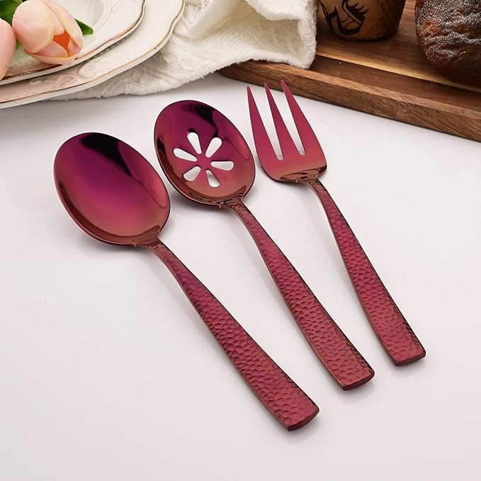 6 PCS Hammered Serving Utensils, Uniturcky Stainless Steel Serving Spoons Set, Square and Thick Hostess Serving Set, Includes 2 Serving Spoon 2 Serving Fork and 2 Slotted Spoon, Mirror Purple