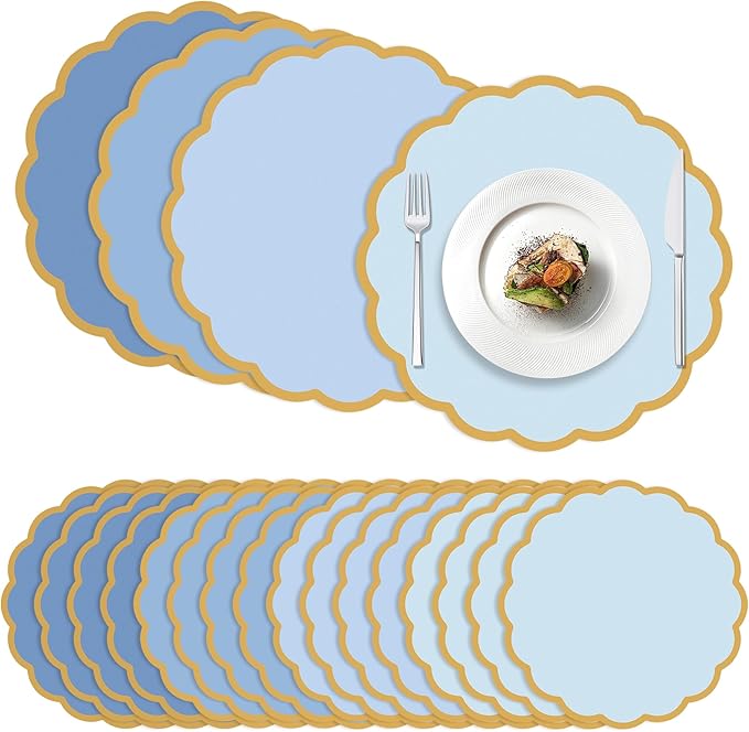 100 Pcs Dusty Blue Paper Placemats 13.5 Inch Disposable Scalloped Colorful Pastel Round Table Place Mats with Gold Edges, Decorative Colors Mats for Birthday Wedding Baby Shower Banquet Tea Party