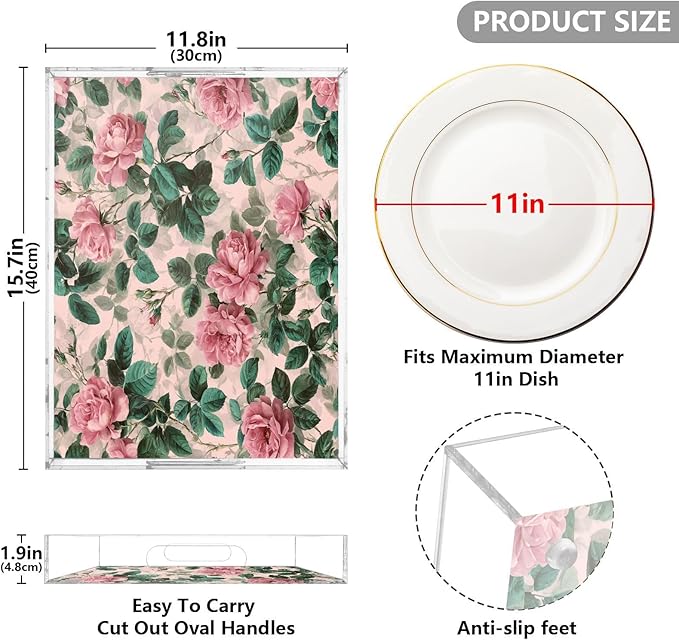Serving Tray with Handles Clear Acrylic Tray 12x16 Inch Decorative Rectangular Tray Organizer for Ottoman Coffee Table Bathroom Pink Vintage Roses with Leaves