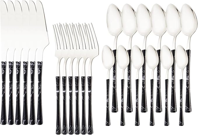 24PCS Silverware Set 18/0 Stainless Steel Flatware Set for 6 Includes 6 Dinner Knife/6 Dinner Fork/6 Dinner Spoon/6 Teaspoon Mirror Polished Cutlery for Home - Black Silver Eating Utensils