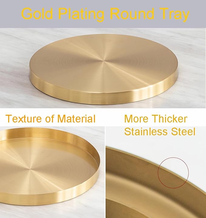 Beautiful Stainless Steel Round Tray - Gold Jewelry Dish & Makeup Organizer for Vanity, Bathroom, Dresser & Serving Tray for Drink, Breakfast, Tea, Dinner (L-12 inch)
