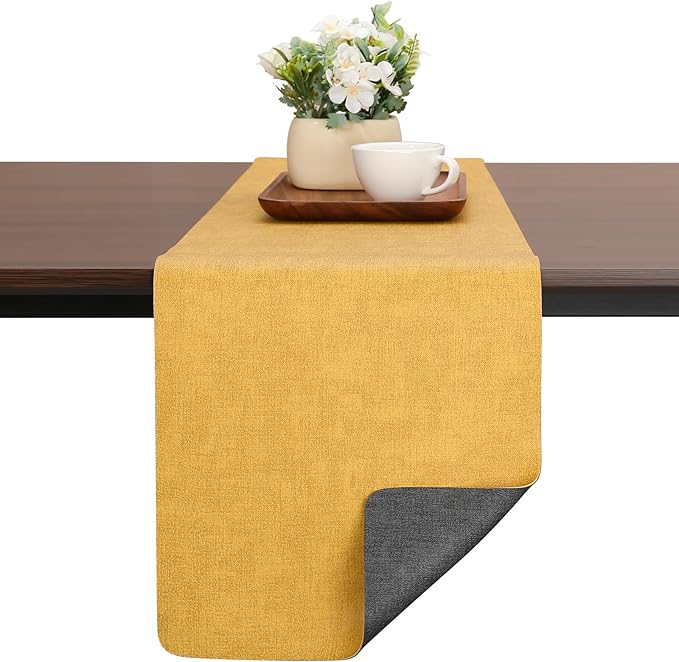 Table Runners 55 Inches Long, Dual-Sided Faux Leather Farmhouse Table Runner Waterproof Heatproof Non-Slip for Living Room Party Home Decor Holiday Decorations(Gray Yellow, 15 x 55 Inch)