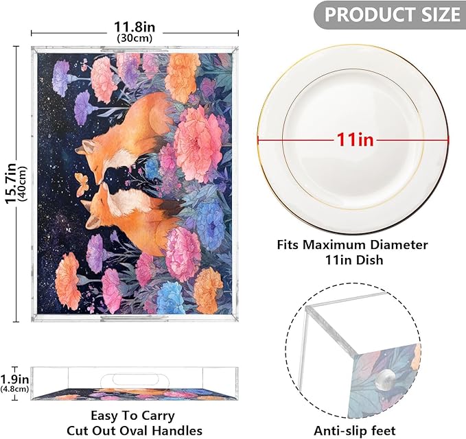 Serving Tray with Handles Clear Acrylic Tray 12x16 Inch Decorative Rectangular Tray Organizer for Ottoman Coffee Table Bathroom Foxes Carnations Colorful
