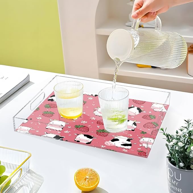 Serving Tray with Handles Clear Acrylic Tray 12x16 Inch Decorative Rectangular Tray Organizer for Ottoman Coffee Table Bathroom Cows Strawberry Flower