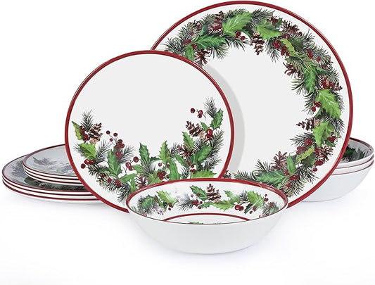 12-Piece Christmas Melamine Dinnerware Sets,Holiday Dishes Set For 4, Lightweight & Stackable for Home&Party plates,Plate and Bowl Sets Ideal for for Indoor Outdoor Use -Christmas Garland