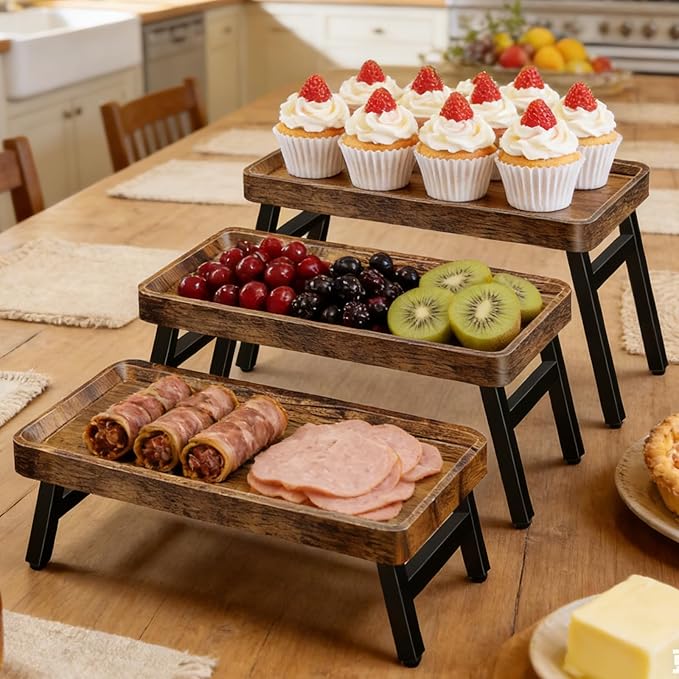 Cupcake Stand, 3 Tier Serving Tray Foldable Tiered Tray Stand Dessert Table Display Set Risers Display Stands Rustic Farmhouse Decor Food Tray for Cupcakes, Charcuterie, Fruit & Veggie
