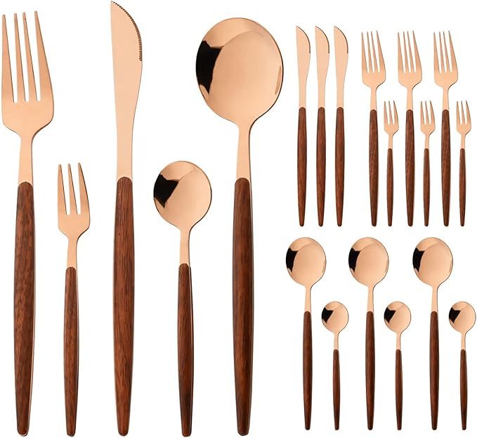 20-piece Wood Silverware Set for 4, Include Knife Fork Spoon, Stainless Steel Flatware Set with Wooden Handle, Mirror, Dishwasher Safe, for Home Kitchen Travel - Round Handle Rose Gold