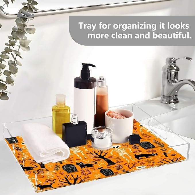 Serving Tray with Handles Clear Acrylic Tray 12x16 Inch Decorative Rectangular Tray Organizer for Ottoman Coffee Table Bathroom Orange Skeletons Cat Bats Tombstones Dead Trees