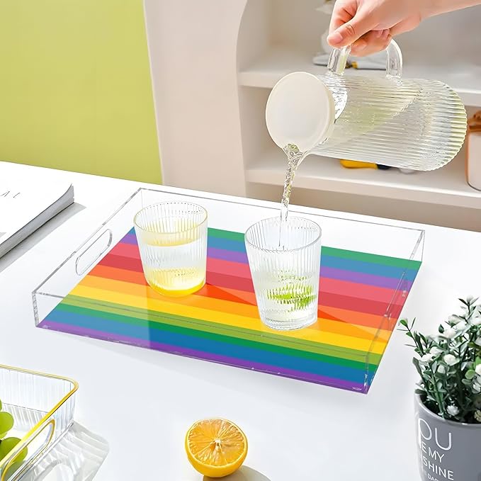 Serving Tray with Handles Clear Acrylic Tray 12x16 Inch Decorative Rectangular Tray Organizer for Ottoman Coffee Table Bathroom Rainbow Color Stripes