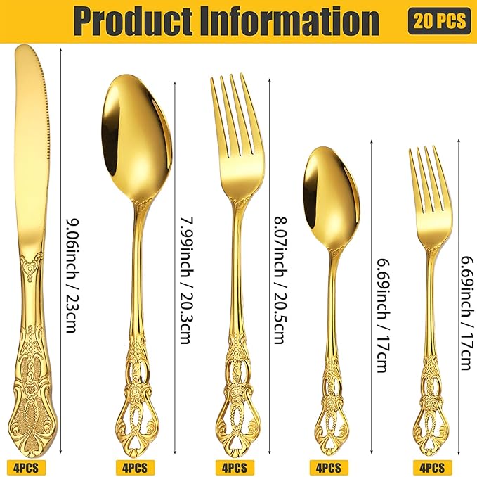 Vilihkc Gorgeous Retro Royal Stainless Steel 20 Pieces Flatware Set, Silverware Set, Anti-rust Stainless Steel Cutlery Set Utensils Including Fork Spoon and Knife