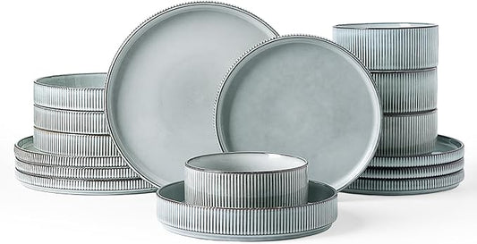 Famiware Star Dinnerware Set with Pasta Bowls, Service for 4 (16pcs), Ribbed Stoneware Plates and Double Bowls Dishes Sets - Chip & Scratch Resistant, Microwave & Dishwasher Safe, Smoky Blue