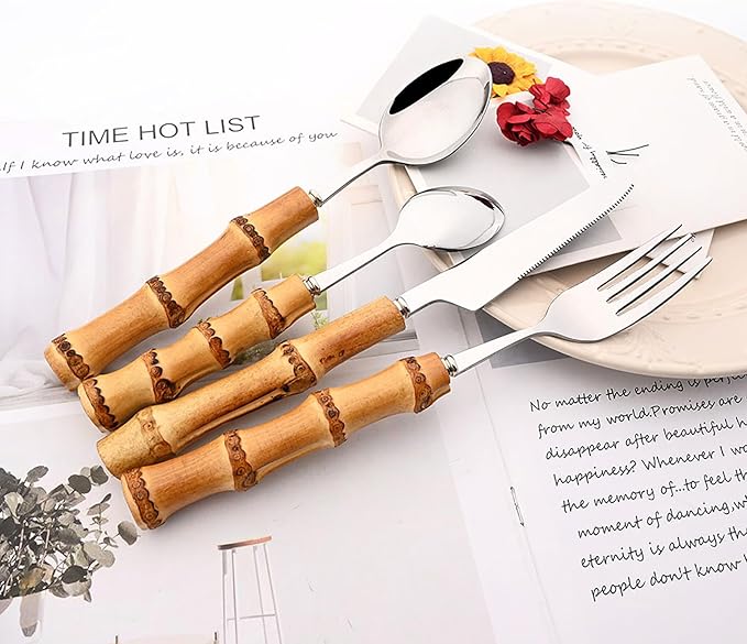8pcs Silver Teaspoon, Stirring Spoon Bamboo Handle Ice Cream Spoon, Coffee Tea Spoon Set, Food Grade 18/10 Stainless Steel Tablespoons, 6.3-inch