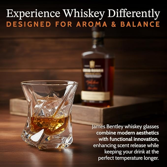 JAMES BENTLEY STAR Whiskey Heavy Tumbler Glasses – Hand Blown Crystal Whiskey Glasses, Enhances Aroma and Flavor, Premium Quality for Bourbon & Old Fashioned Tasting— Set of 2 with 4 Ice Cube Molds