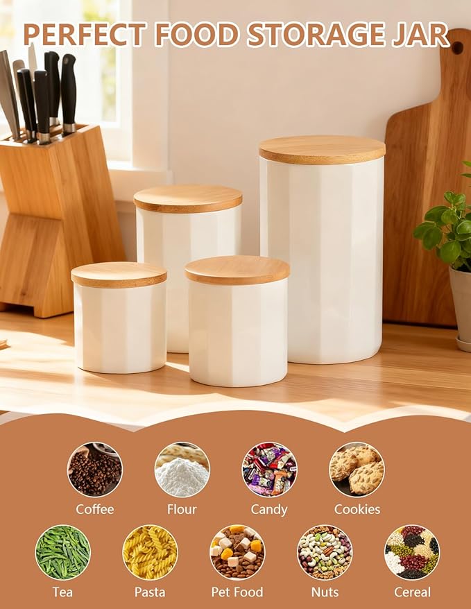 Ceramic Food Storage Containers with Lids, White Kitchen Canisters for Countertop, Food Containers Jar for Flour, Coffee Bean, Sugar, Tea, Spices and More, Home Decor (700ml/23.66oz)