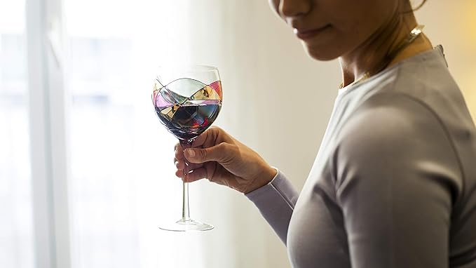 Victoria Barcelona Wine Glasses Hand-Painted Stemmed 14 oz Luxury Gift Women & Men Unique Art Gaudi Inspired by Sagrada Familia Red Murano Stained Glass Christmas Wedding Birthday Anniversary (Set 2)