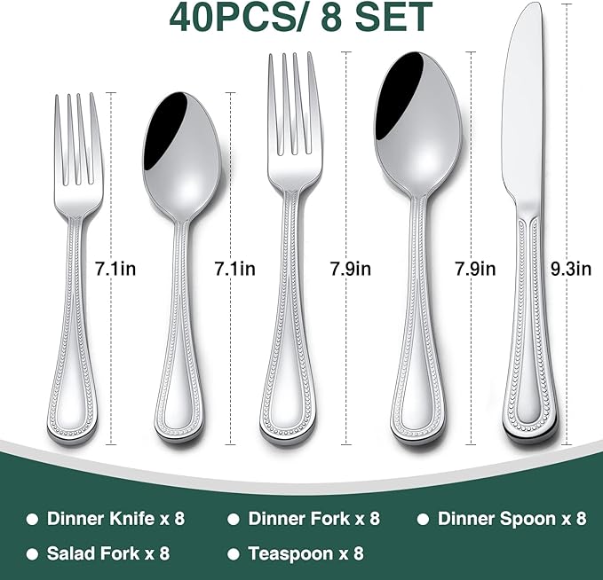 40 Pieces Silverware Set, Pearled Edge Silverware Cutlery Set Service for 8, Premium Stainless Steel Flatware Set, Knife Fork Spoon Tableware Set for Home, Restaurant, hotel, Dishwasher Safe
