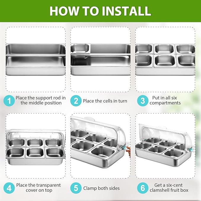 6 Pan Chilled Buffet Server Stainless Steel Countertop Food Serving Display Container with Clear Roll Top Cover Serving Tray Buffet Condiment Dispenser Ice Cooled Food Display Rack