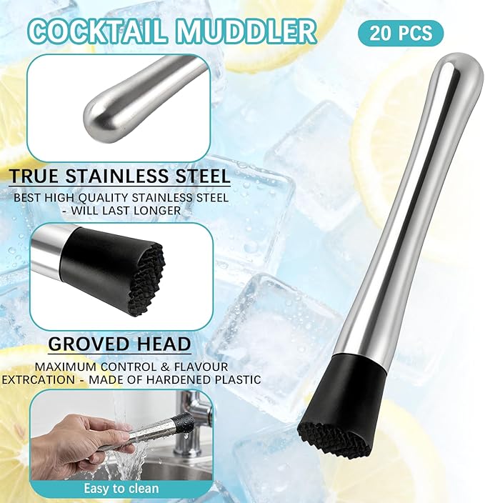 20 Pcs Muddler for Cocktails - Stainless Steel Bar Muddler Tool, Muller for Drinks Ice Crusher, Bartender Tools Set Home Bartender Bars Accessories