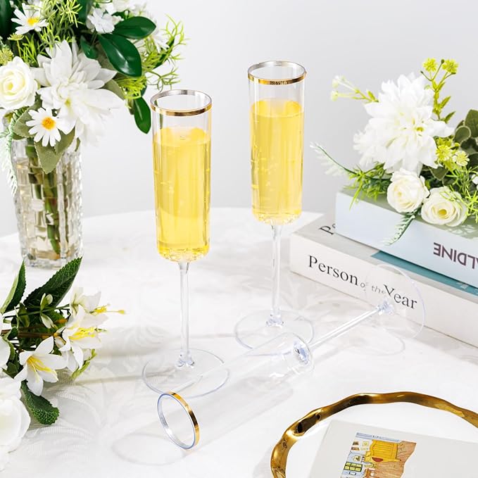Ciaell 24 Pack Plastic Champagne Flutes - 6Oz Gold Rim Disposable Champagne Glasses - Square Clear Plastic Toasting Glasses for Party Birthday Anniversary Wedding Christmas