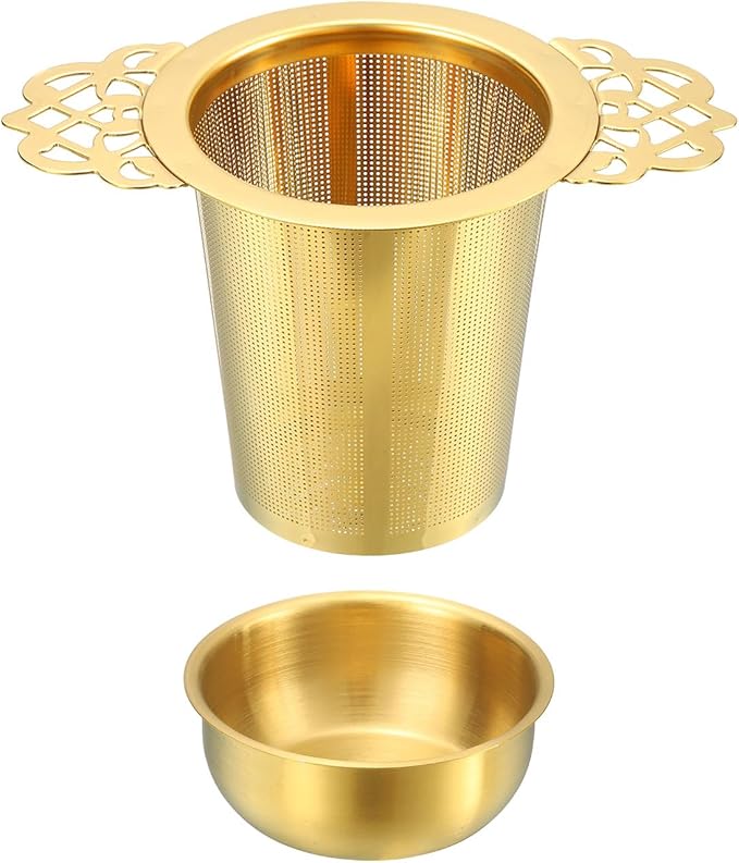 uxcell 1 Pcs Tea Infuser Filter with Handle, Drip Bowl, Fine Mesh Loose Tea Steeper, Stainless Steel Tea Strainer for Brew Loose Leaf Tea, Titanium