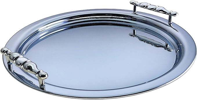 (Pack of 2) 13.8 inch x 13.8 inch Round Chrome Plated Silver Serving Tray with Handles Design Floral Victoria Design Engraved Birthday Wedding Buffet Wine Decor Platter Plate NC-022
