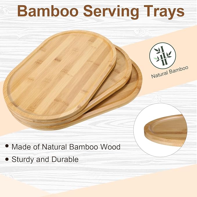 Tanlade 8 Pieces Bamboo Serving Tray Oval Bamboo Serving Tray Rustic Wood Trays for Crafts Large Christmas Decorative Wooden Platter for Tea Coffee Table Cup Food Kitchen Dessert Veggie, 16 x 10 Inch