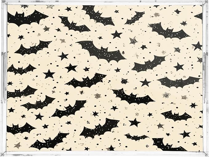 Serving Tray with Handles Clear Acrylic Tray 12x16 Inch Decorative Rectangular Tray Organizer for Ottoman Coffee Table Bathroom Halloween Bats and Stars