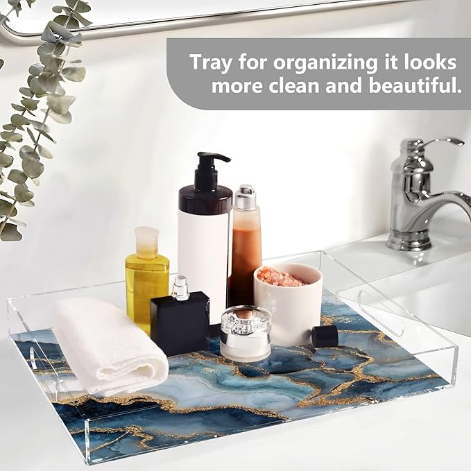 Serving Tray with Handles Clear Acrylic Tray 12x16 Inch Decorative Rectangular Tray Organizer for Ottoman Coffee Table Bathroom Blue Marble and Gold Lines Retro