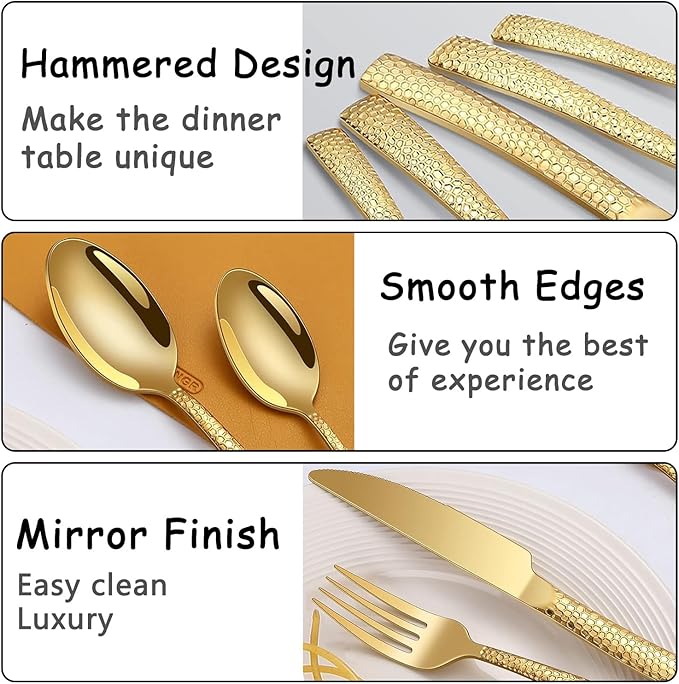 Gold Hammered Silverware Set for 2, MIKIWAY 10 Pieces Stainless Steel Luxury Flatware Set, Cutlery Tableware Set, Kitchen Utensils Set Include Spoons And Forks Set, Mirror Polished, Dishwasher Safe