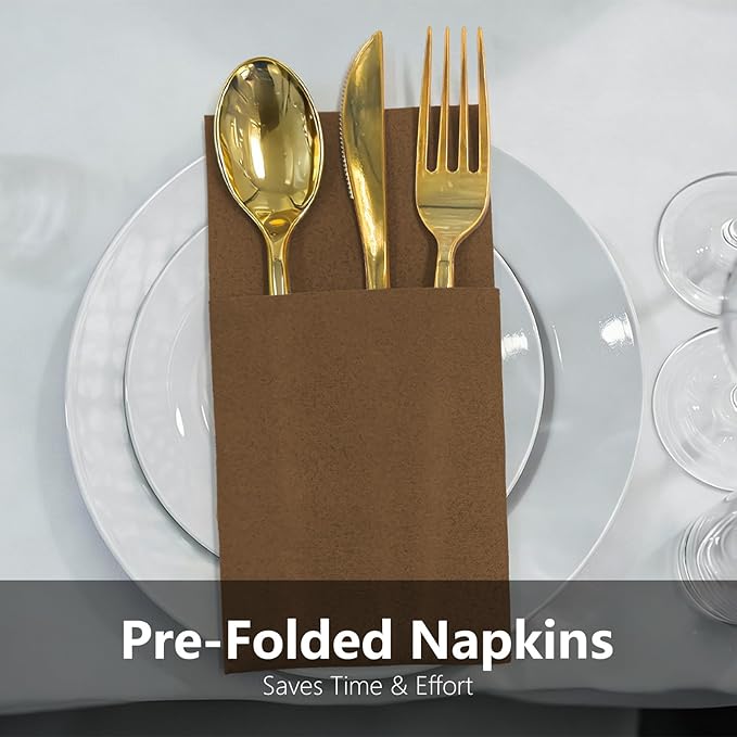 Umber Linen Feel Napkins with Flatware Pocket, 50 Pack Cloth Like Pre-Folded Napkins for Silverware, Guest Hand Towel for Dinner Party Wedding Decoration (16. x 15.5 inch)