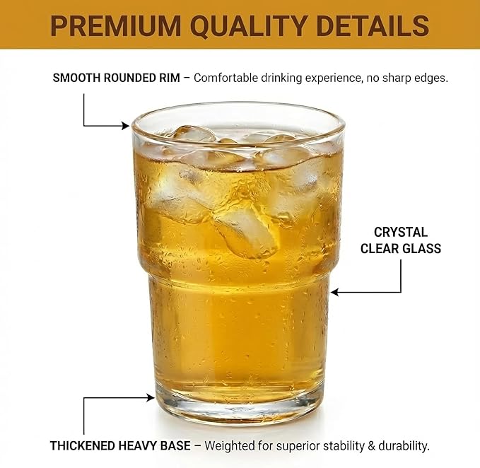 BenRain Stackable Drinking Glasses (Set of 6) – 13oz Clear Glass Cups for Iced Coffee, Juice & Beer – Modern Space Saving Highball Tumblers with Smart Non-Stick Design – Heavy Base & Dishwasher Safe