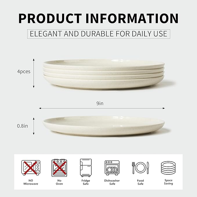 ONEderful 9 Inch Melamine Dinner Plates Set of 4 - White Modern Flat Plates, Durable & Lightweight Catering Dishes for Parties, Picnics, Holidays, Dishwasher Safe (White)