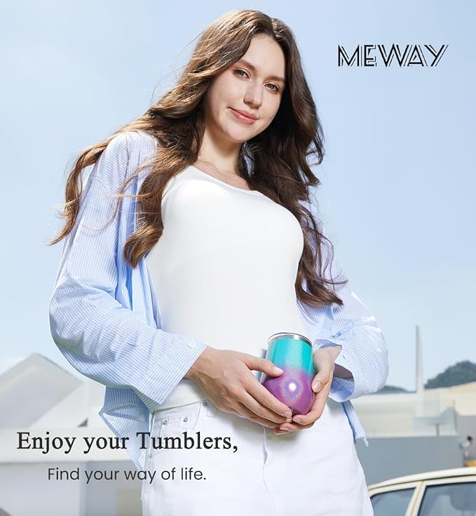 MEWAY 12oz Insulated Wine Tumbler Set of 4 - Double Wall Stainless Steel Stemless Wine cups Glasses with Lids, Gift for Family and Gifts, Prizes for adults(Glitter Aurora,Set of 4)