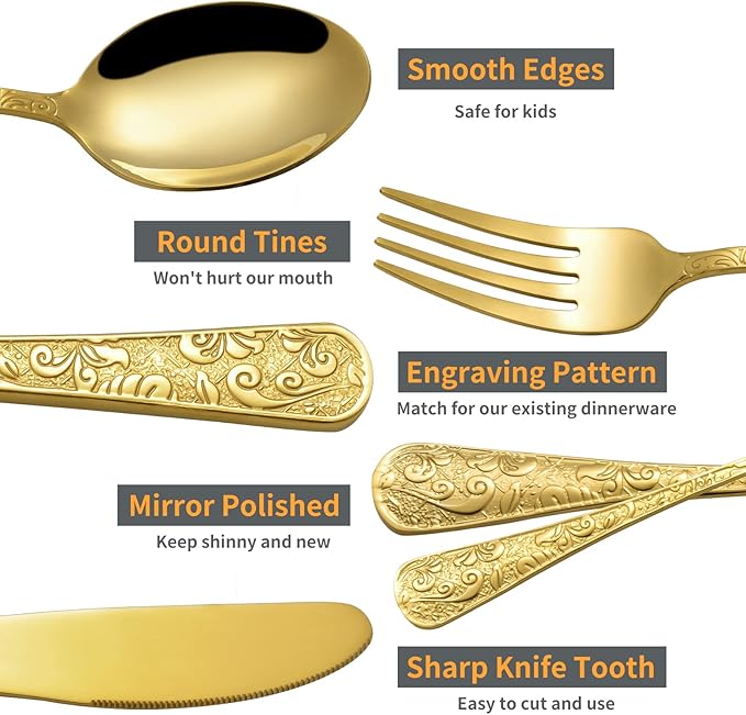 20-Piece Vintage Carved Gold Silverware Set, 18/10 Stainless Steel Flatware Set for 4, LaienLife Mirror Polished Modern Gold Utensils, Including Forks Spoons Knife for Home & Kitchen, Dishwasher Safe