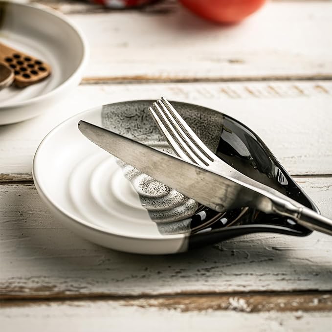 Large Ceramic Spoon Rest for Stove Top & Kitchen Counter, Heat-Resistant Spoon Holder for Cooking Utensils, Spatula & Ladles, Nonstick, Dishwasher Safe, Cute Design, Gradient Black