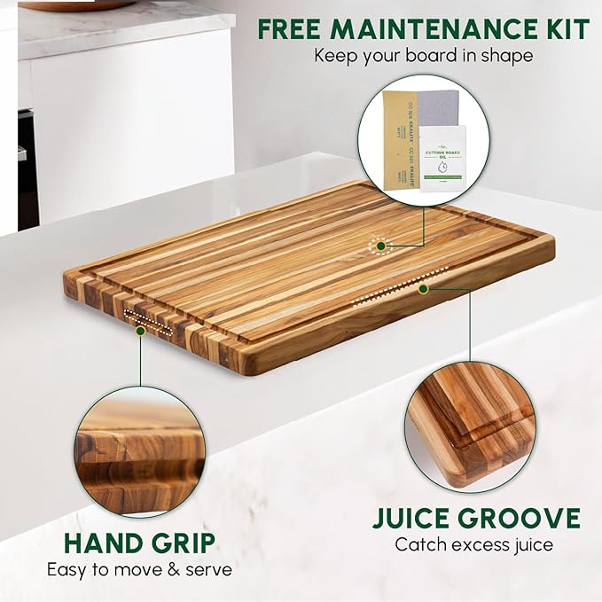 BEEFURNI Teak Wood Cutting Board with Hand Grip (L, 22x16x1.25"), Large Wooden Cutting Boards for Kitchen, Chopping Board Wood, Butcher Block, Charcuterie Board, Christmas Gifts, 1-Year Warranty