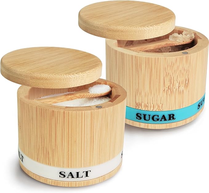 Salt Box 2Pcs Spice Cellar with Swivel Lid and Spoons Small Bamboo Sugar and Salt Containers with Salt Sugar Labels,Dual 8 oz Capacity Holder for Seasoning and Small Items
