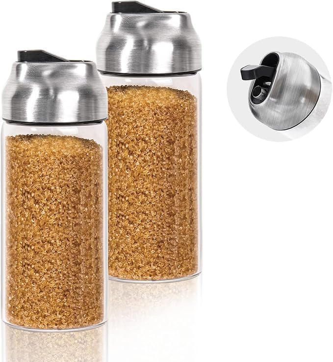Glass Sugar Dispenser Shaker Set for Coffee, Tea, Milk, 14 OZ, (2 Pack)