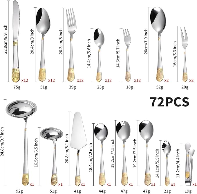 72/84 PCS Luxury Flatware Set, in a Flatware Organizer for Drawer, Silverware Flatware Serving Set for 12 with Gold Accents for Formal Events, Parties(A,72pcs)