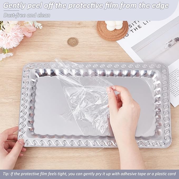 ORIGACH 6 Pack 9.84x8.54 Inch Sliver Serving Trays Set, Engraved Floral Swirl Mirror Tray, Stainless Steel Tableware Platters for Cookies, Snacks, Desserts, Wedding & Birthday Display