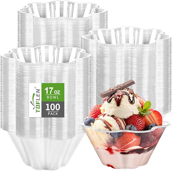 TOFLEN 17 Oz Clear Plastic Bowls for Parties, 100 Pack Flower Shaped Disposable Hard Plastic Party Bowls for Dessert, Ice Cream, Parfait, Fruit, Salad, Snack and More Cold Food