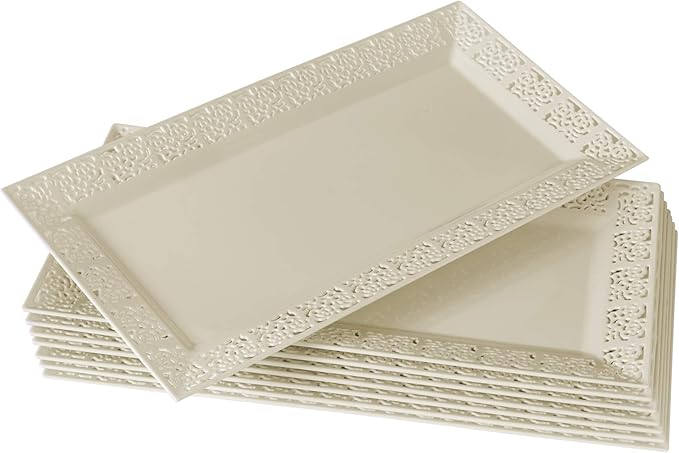 SILVER SPOONS Elegant Lace Plastic Serving Trays (6 PC), Disposable Plastic Trays and Platters for Party - 14” x 7.5”, Serves Snacks, Desserts, Sweets, Perfect for celebrations & events - Ivory