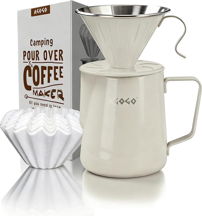 AGOGO Portable Pour Over Coffee Maker V60 Set - Easy Cleaning Compact 304 Stainless Steel Dripper for Camping & 50 Filters Paper & Cleaning Rag Cream 30oz