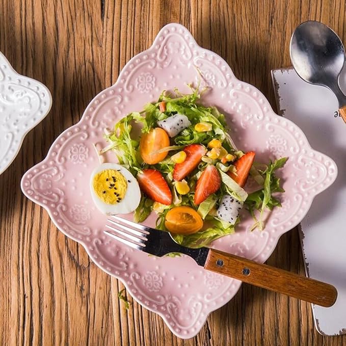 Eplze YBK Tech Elegant Square Embossed Lace Plate Bone China Dessert Plate Ceramic Plate for Breakfast Afternoon Tea (Pink, 10-inch)