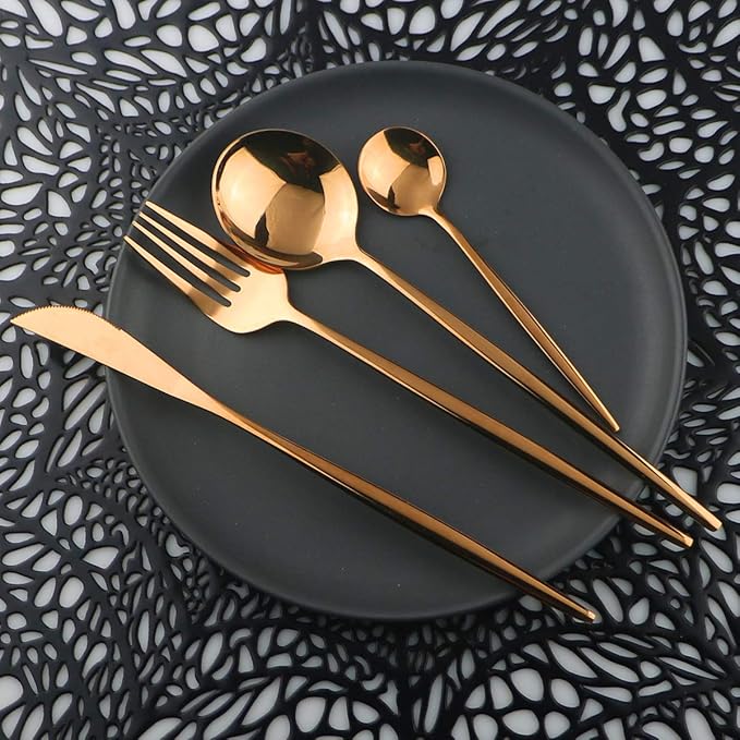 Mirror Polished Copper Silverware Set,24-Piece 304 Stainless Steel Satin Finish Flatware Set,Kitchen Utensil Set,Tableware Cutlery Set for Home and Restaurant, Dishwasher Safe Service For 6